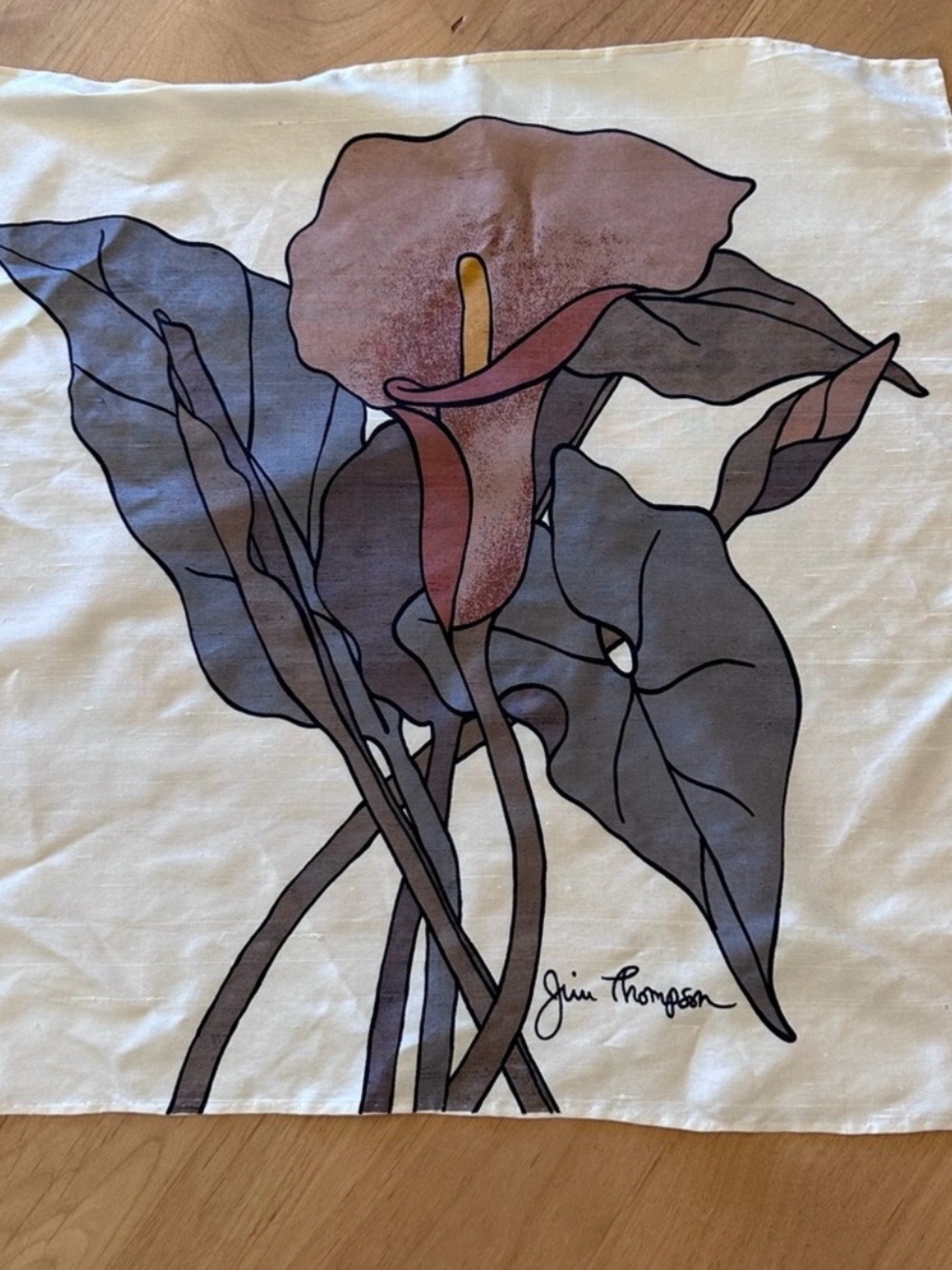 Jim Thompson Vintage Raw Silk Floral Lily Square Scarf or Handkerchief
